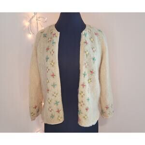 VTG 60s Cyn Les Mohair Wool Cardigan Cream Rose Embroidered Retro Cottagecore